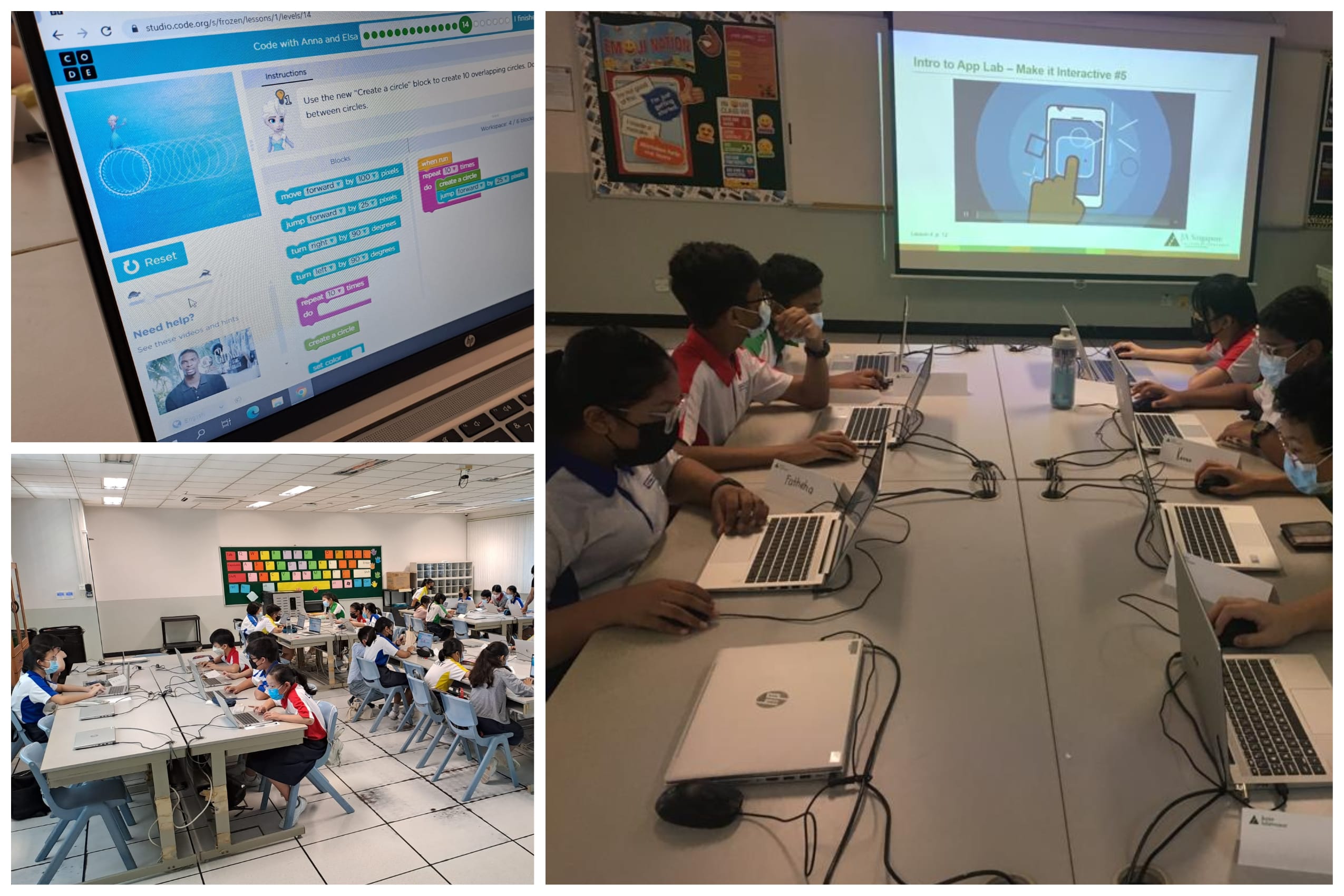Students wearing masks work on laptops in a classroom during a coding lesson, with a projector showing an App Lab tutorial.
